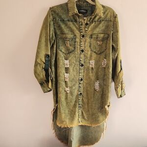 Thrill Jeans Chambray Distressed High-low Roll Tab Sleeves  Shirt Sz L